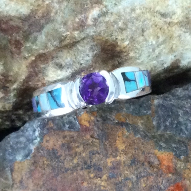 David Rosales Shalako Inlaid Sterling Silver Ring w/ Amethyst