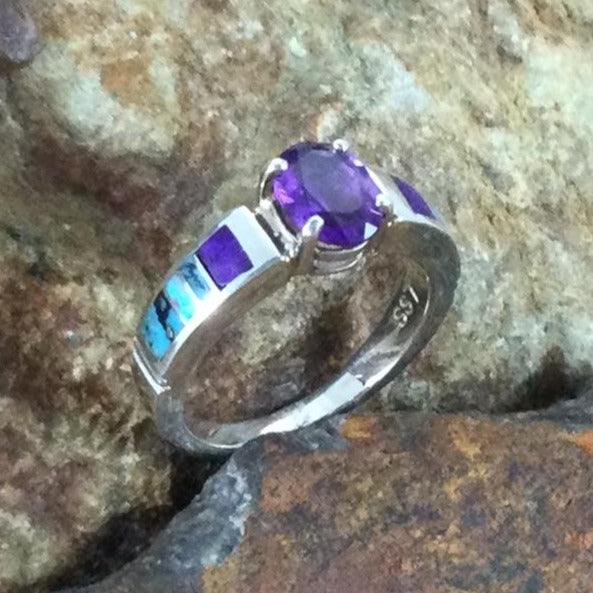 David Rosales Shalako Inlaid Sterling Silver Ring w/ Amethyst