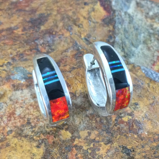 David Rosales Red Moon Inlaid Sterling Silver Earrings Huggie