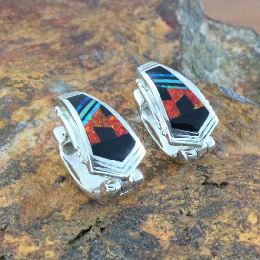 David Rosales Red Moon Inlaid Sterling Silver Earrings Huggie