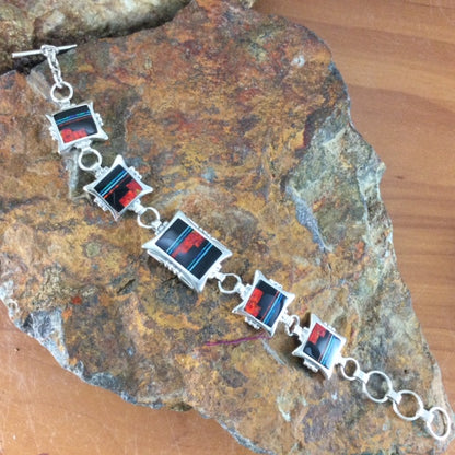 David Rosales Red Moon Inlaid Sterling Silver Link Bracelet