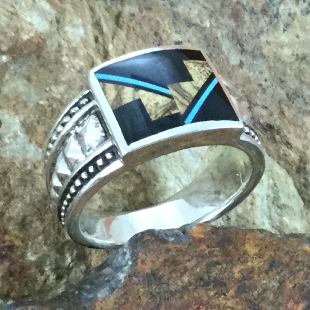 David Rosales Turquoise Creek Fancy Inlaid Sterling Silver Ring