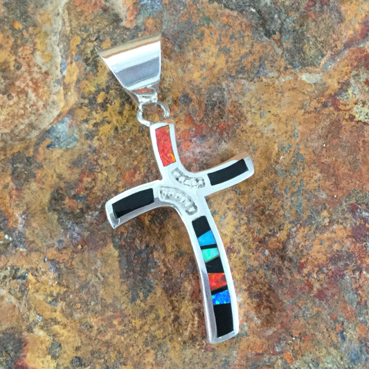 David Rosales Red Moon Inlaid Sterling Silver Pendant Cross