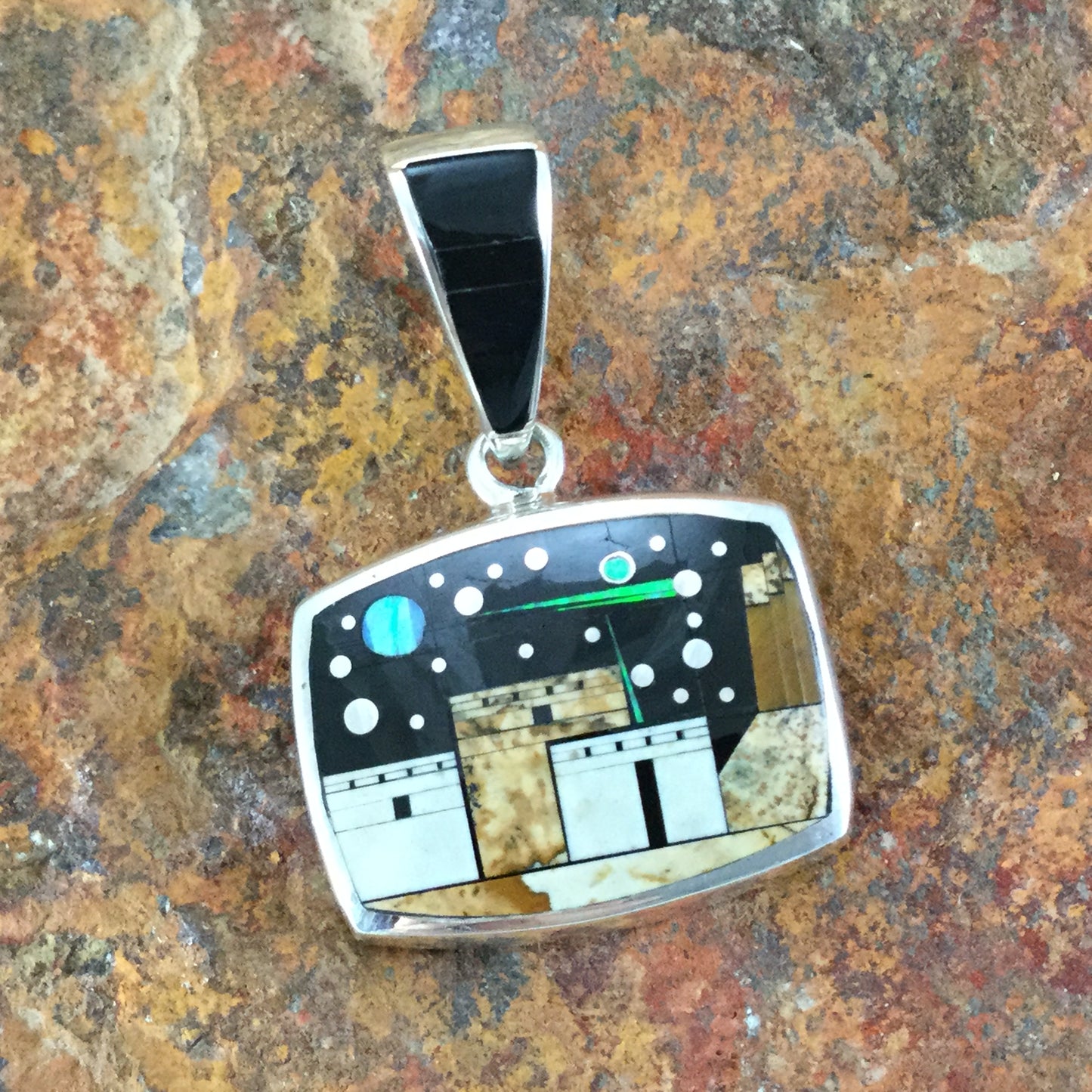 David Rosales Native Lite Inlaid Sterling Silver Pendant Pueblo Scene