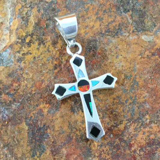 David Rosales Red Moon Inlaid Sterling Silver Pendant Cross