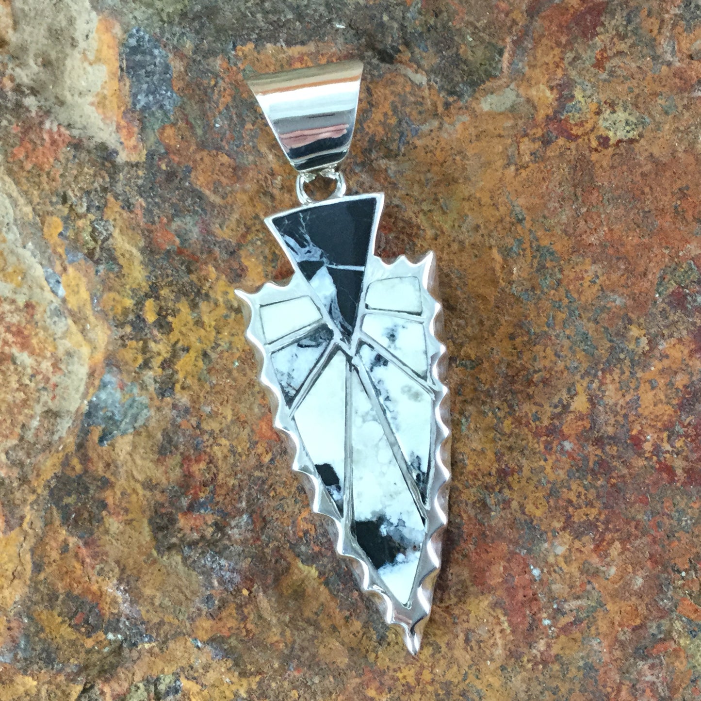 David Rosales White Buffalo Inlaid Sterling Silver Pendant Arrowhead