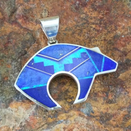 David Rosales Blue Sky Fancy Inlaid Sterling Silver Pendant Bear