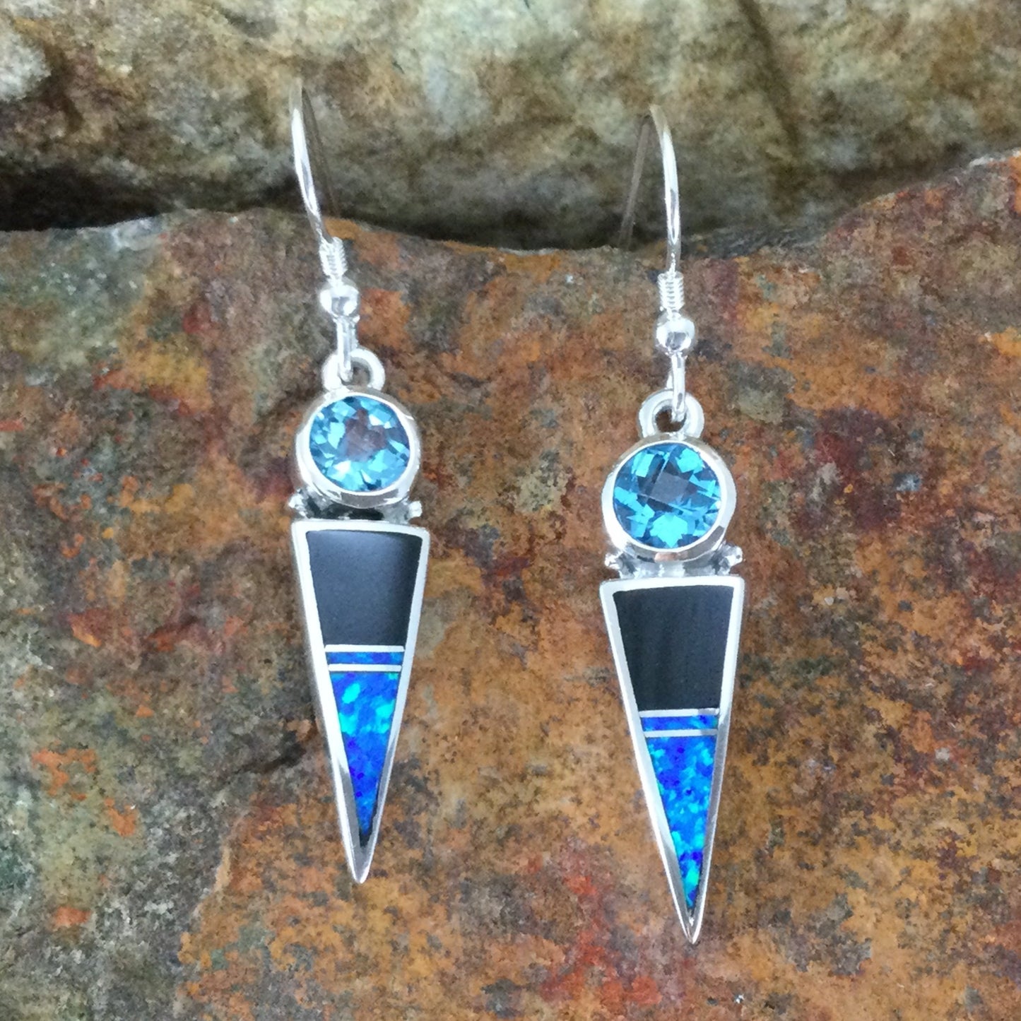 David Rosales Black Beauty Inlaid Sterling Silver Earrings w/ Blue Topaz