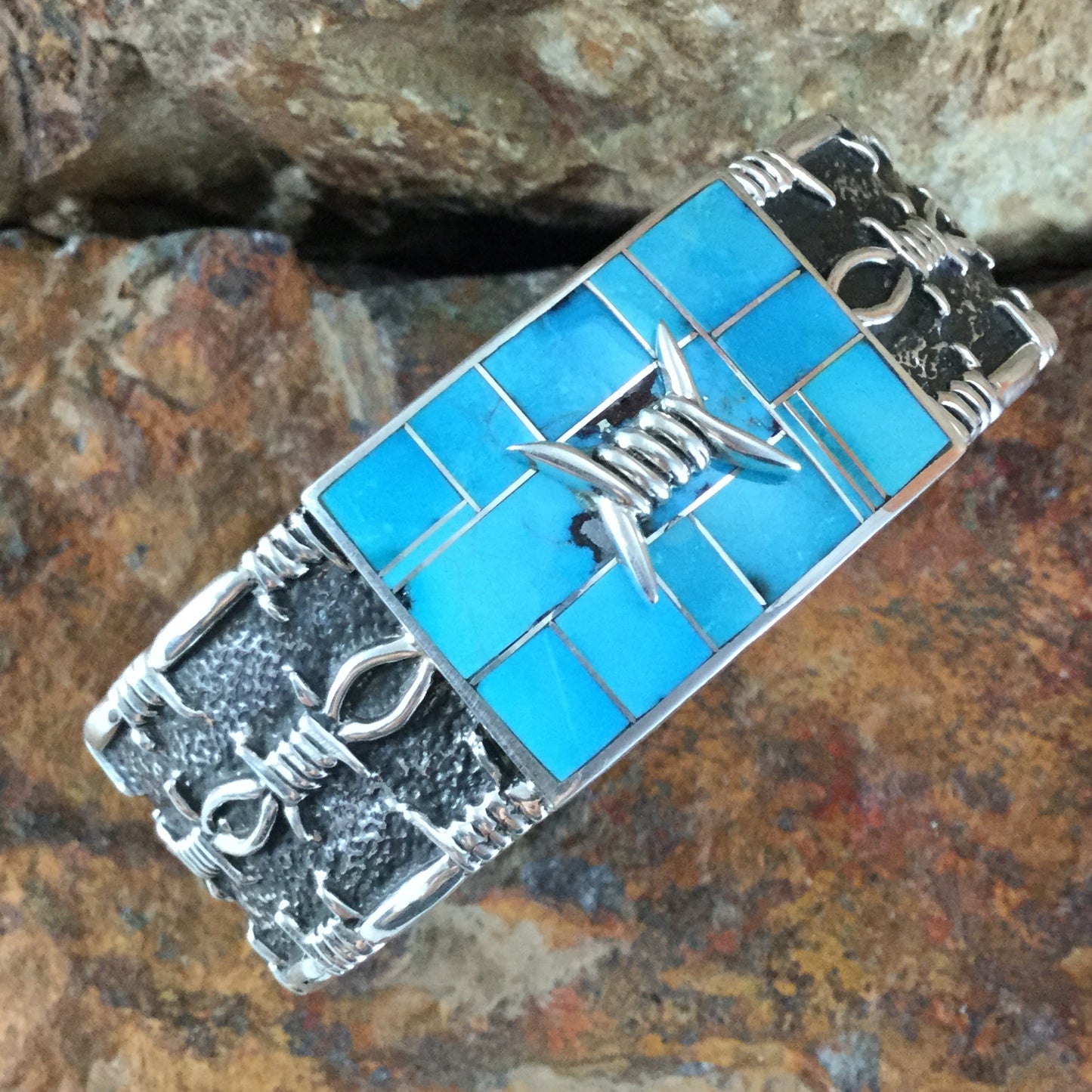 David Rosales Morenci Turquoise Inlaid Sterling Silver Bracelet