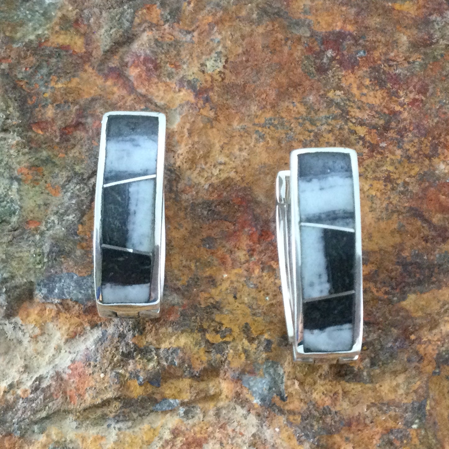 David Rosales White Buffalo Inlaid Sterling Silver Earrings Huggie