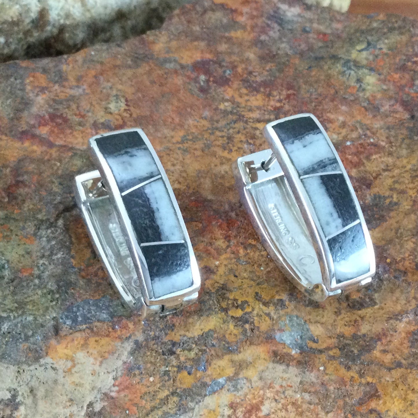 David Rosales White Buffalo Inlaid Sterling Silver Earrings Huggie