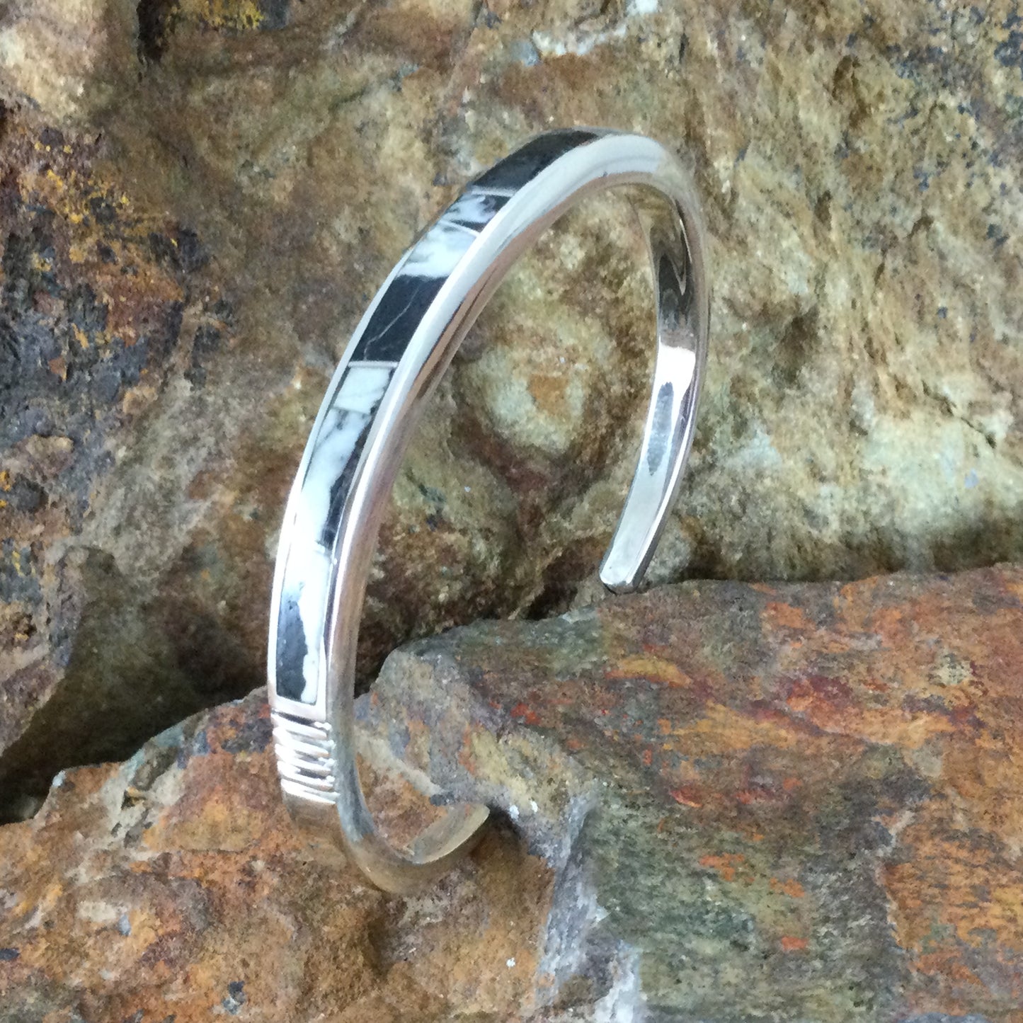 David Rosales White Buffalo Inlaid Sterling Silver Bracelet