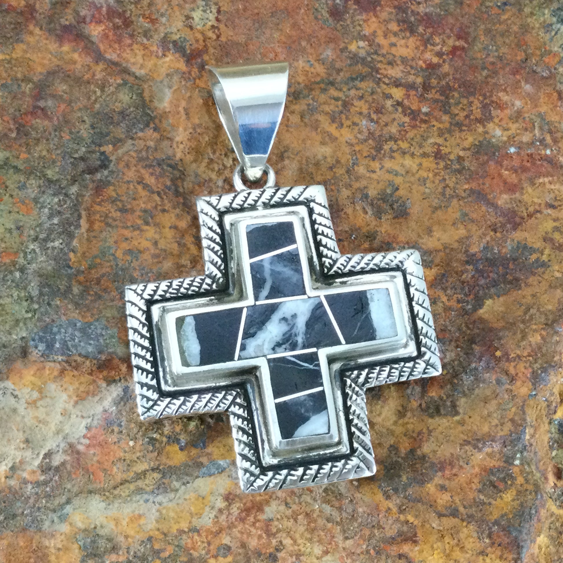 David Rosales White Buffalo Inlaid Sterling Silver Pendant Cross