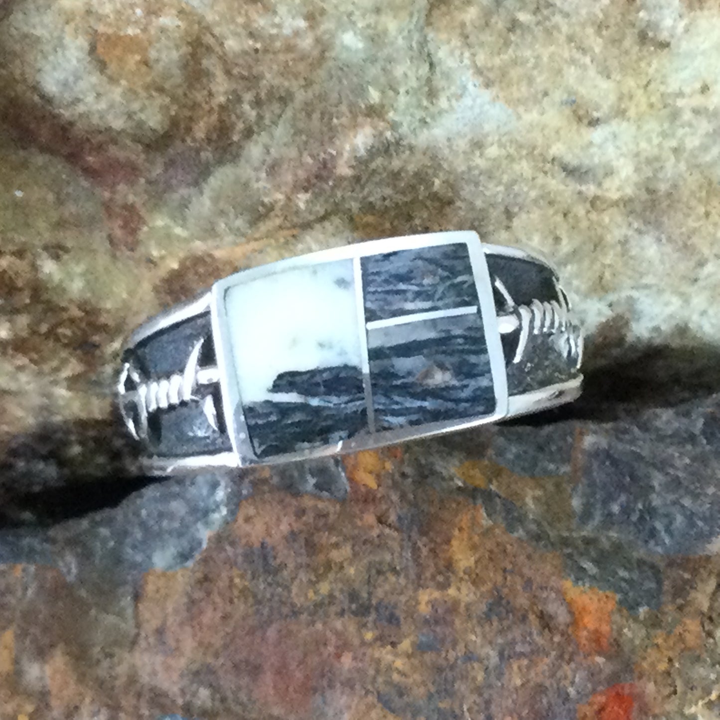 David Rosales White Buffalo Inlaid Sterling Silver Ring