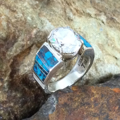 David Rosales Western Skies Inlaid Sterling Silver Ring w/ Cubic Zirconia