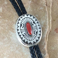 Red Coral Sterling Silver Leather Bolo Tie by Leonard Nez