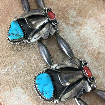 Vintage Turquoise & Red Coral Butterfly Squash Style Necklace- Estate Jewelry