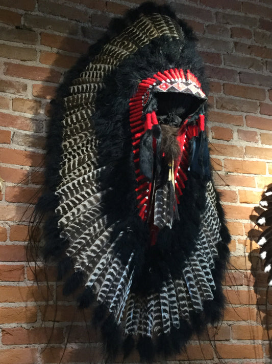 Black Barred Turkey Headdress with Trailer by Navajo Artists