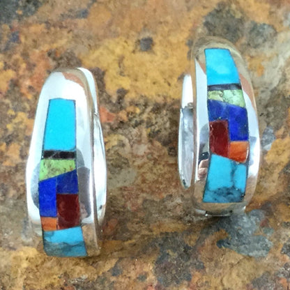 David Rosales Indian Summer Fancy Inlaid Sterling Silver Huggie Earrings