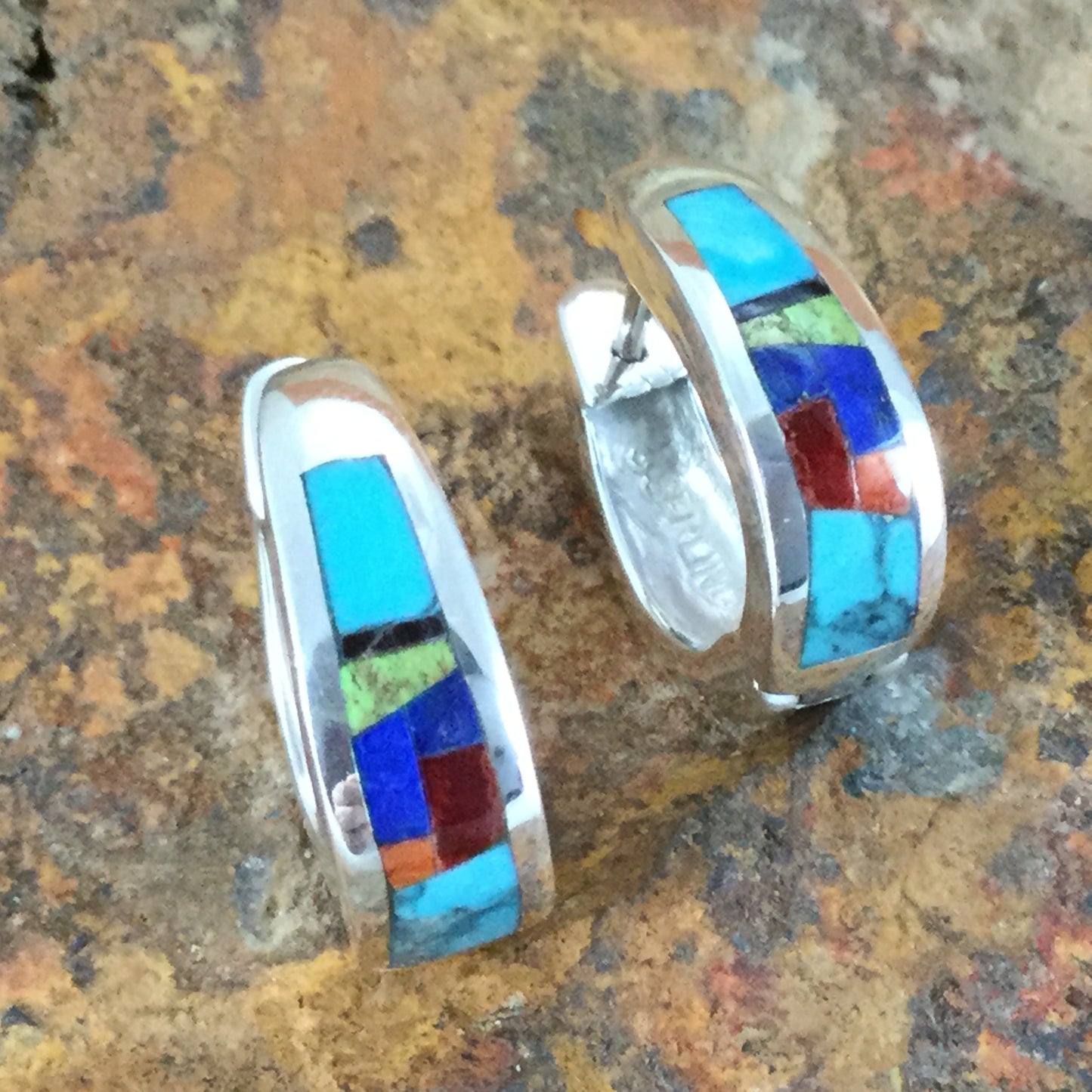 David Rosales Indian Summer Fancy Inlaid Sterling Silver Huggie Earrings