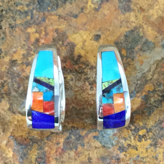 David Rosales Indian Summer Fancy Inlaid Sterling Silver Huggie Earrings