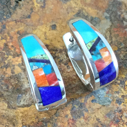 David Rosales Indian Summer Fancy Inlaid Sterling Silver Huggie Earrings