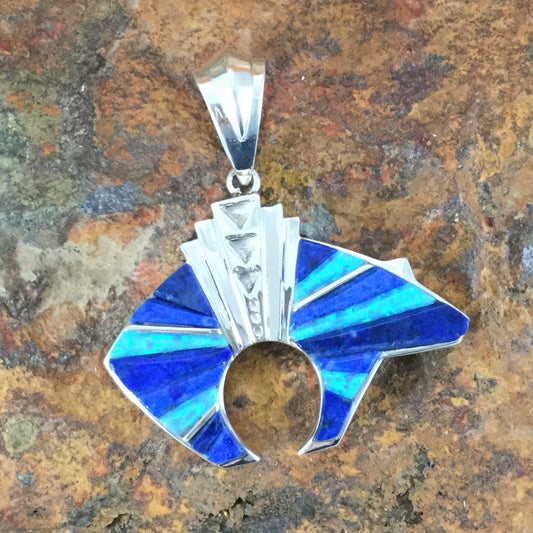 David Rosales Blue Sky Cobble Inlaid Sterling Silver Pendant Bear