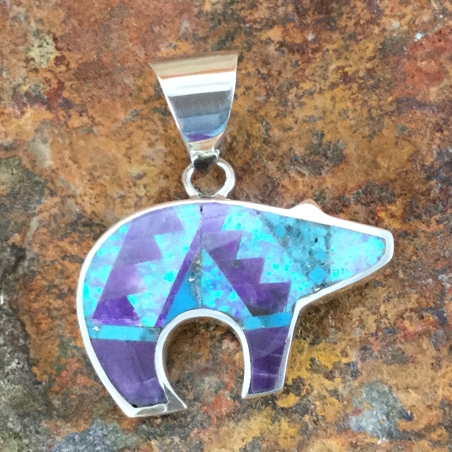 David Rosales Shalako Fancy Inlaid Sterling Silver Pendant Bear