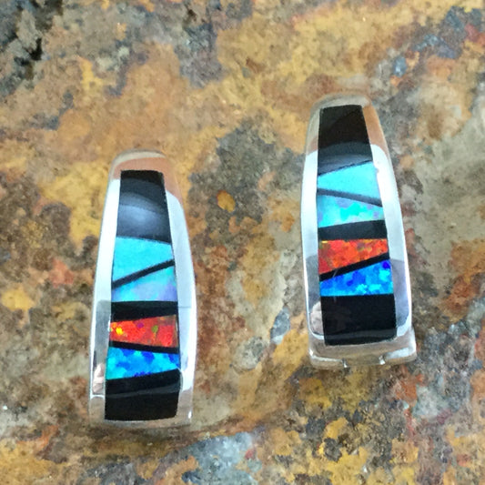 David Rosales Red Moon Inlaid Sterling Silver Huggie Earrings