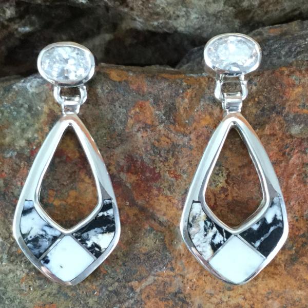 David Rosales White Buffalo Inlaid Sterling Silver Earrings w/ Cubic Zirconia