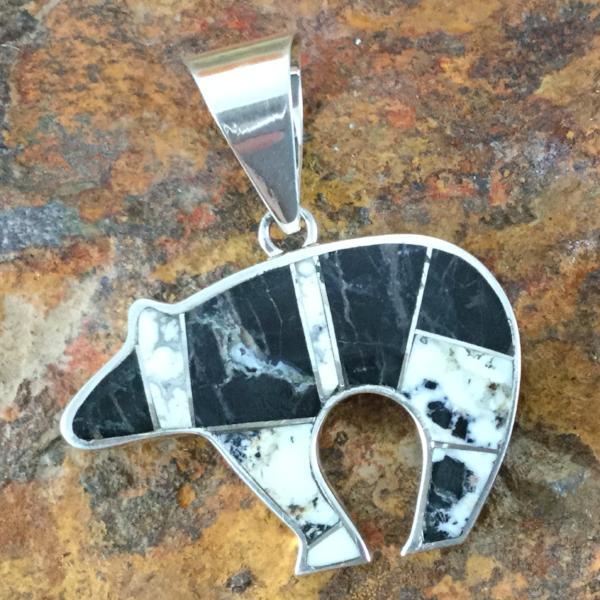 David Rosales White Buffalo Inlaid Sterling Silver Pendant Bear