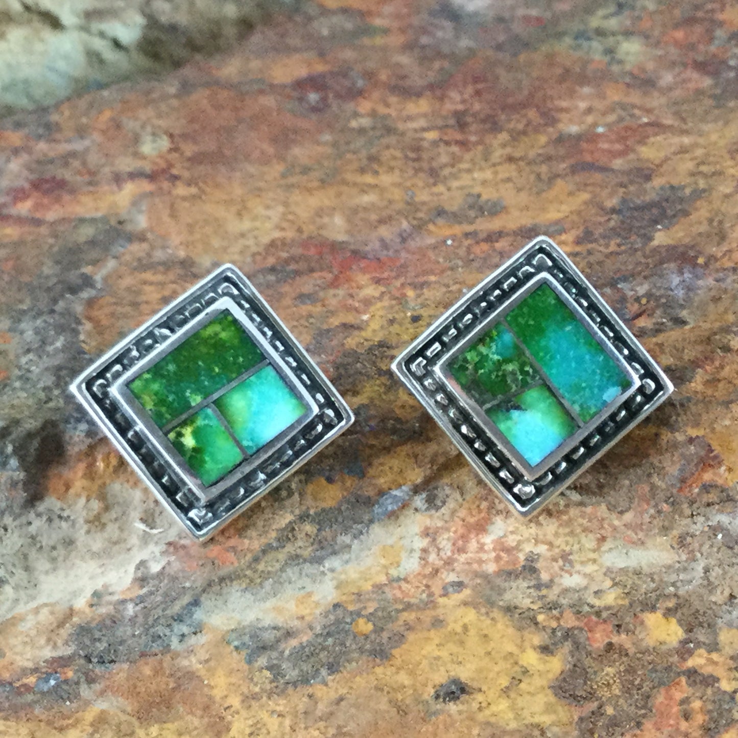 David Rosales Sonoran Gold Turquoise Inlaid Sterling Silver Earrings