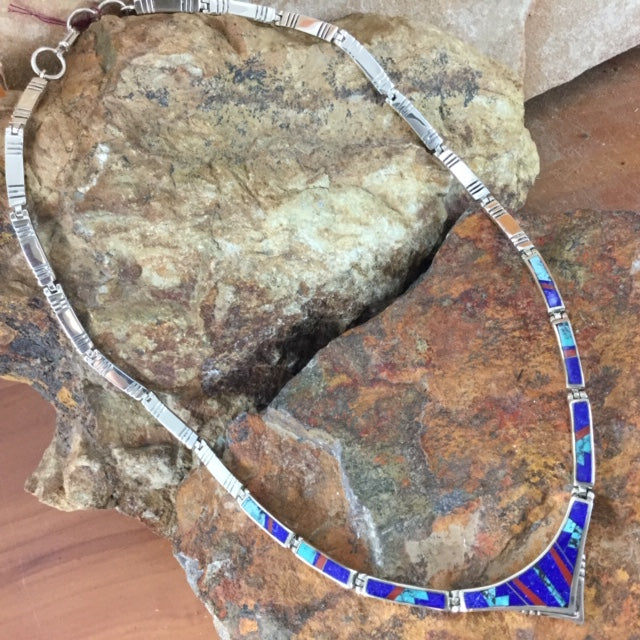 David Rosales Ceremonial Inlaid Sterling Silver Necklace