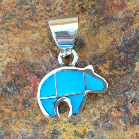 David Rosales Arizona Blue Inlaid Sterling Silver Pendant Little Bear