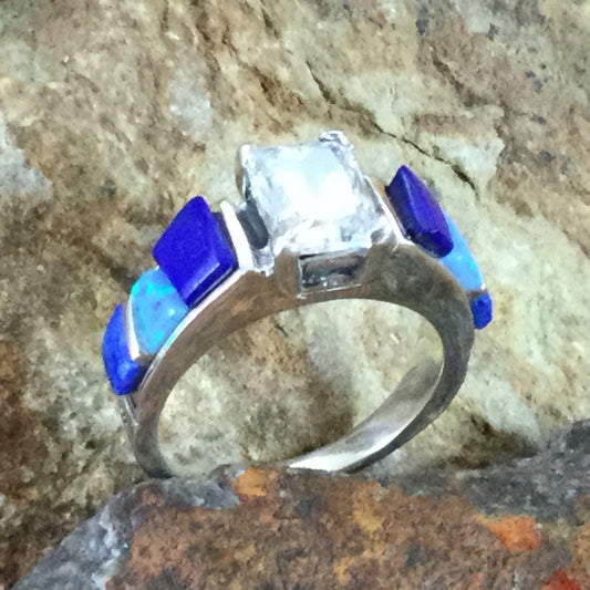 David Rosales Blue Sky Cobble Inlaid Sterling Silver Ring w/ Cubic Zirconia